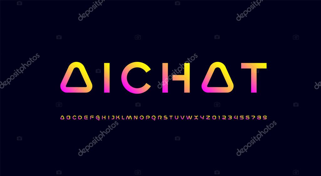 Technology bright font, digital cyber alphabet made space future design, Latin and uppercase bold letters A-Z and Arab numerals 0, 1, 2, 3, 4, 5, 6, 7, 8, 9, vector illustration 10EPS
