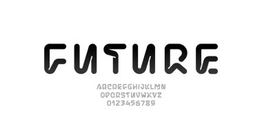 Teknik yazı tipi, yuvarlak modern alfabe, A 'dan Z' ye Latince harfler ve gelecekteki tasarımınız için Arap rakamları, 10EPS vektör çizimi.