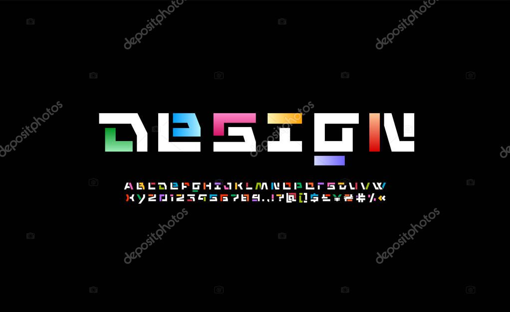 Design font alphabet, trendy modern multi-colored Latin letters and Arab numerals for you design brand name or logo, vector illustration 10EPS