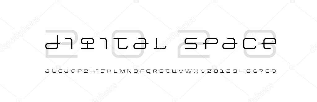 Technical wide thin future font, digital cyber alphabet, trendy original uppercase letters from A to Z and numbers from 0 to 9 for interface design, vector illustration 10EPS