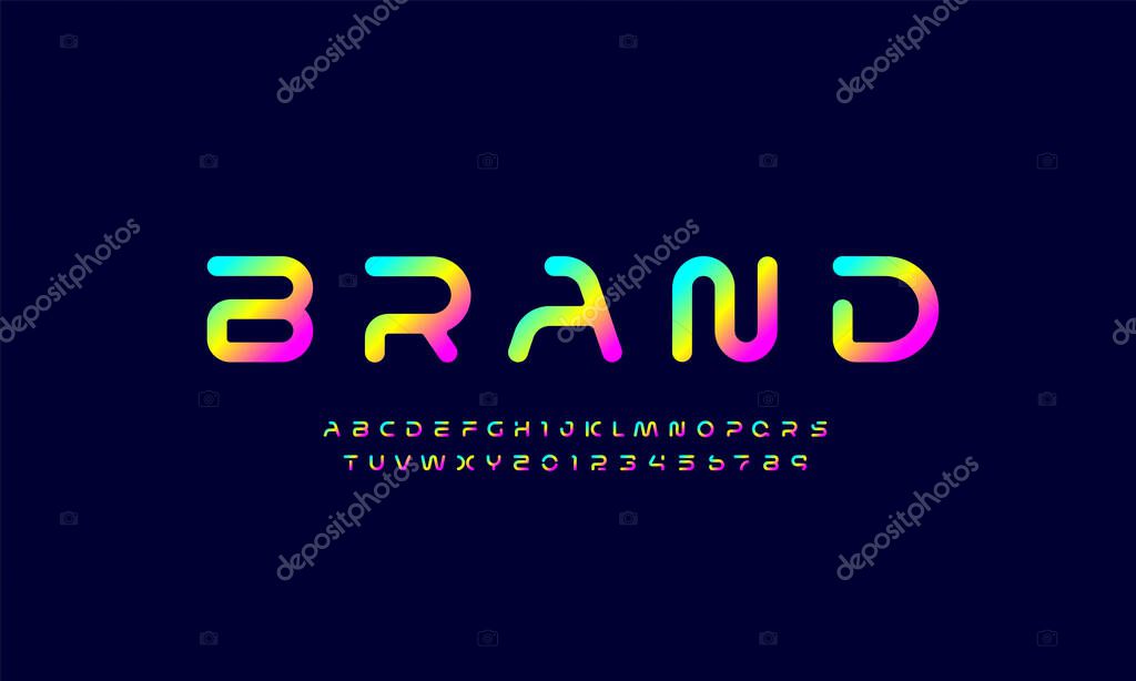 Digital font, cyber alphabet made space future design, bright uppercase Latin letters A-Z and Arab numerals 0-9 made rounded style, vector illustration 10EPS