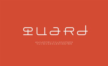 Teknik olarak geniş, ince gelecek yazı tipi, dijital siber alfabe, A 'dan Z' ye orijinal harfler ve arayüz tasarımı için 0 'dan 9' a rakamlar, vektör illüstrasyonu 10EPS
