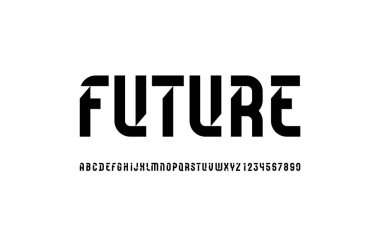 Gelecekçi orijinal yazı tipi, bilim kurgu kesim alfabesi, modern geometrik harfler ve sayılar, vektör illüstrasyonu 10EPS