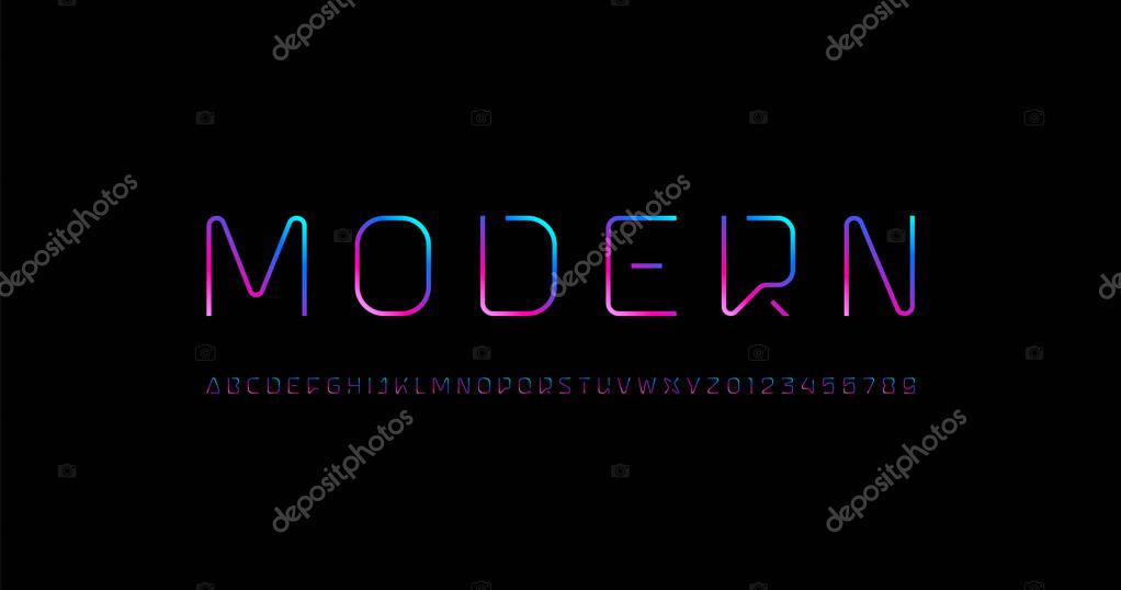 Technical font, digital bright alphabet, trendy modern uppercase Latin letters from A to Z and Arab numbers from 0 to 9, vector illustration 10EPS