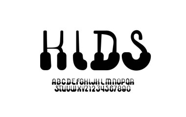 Neşeli yazı tipi, sıra dışı çocuk alfabesi, bel çizgi filmleri harf ve sayılar, vektör illüstrasyonu 10EPS