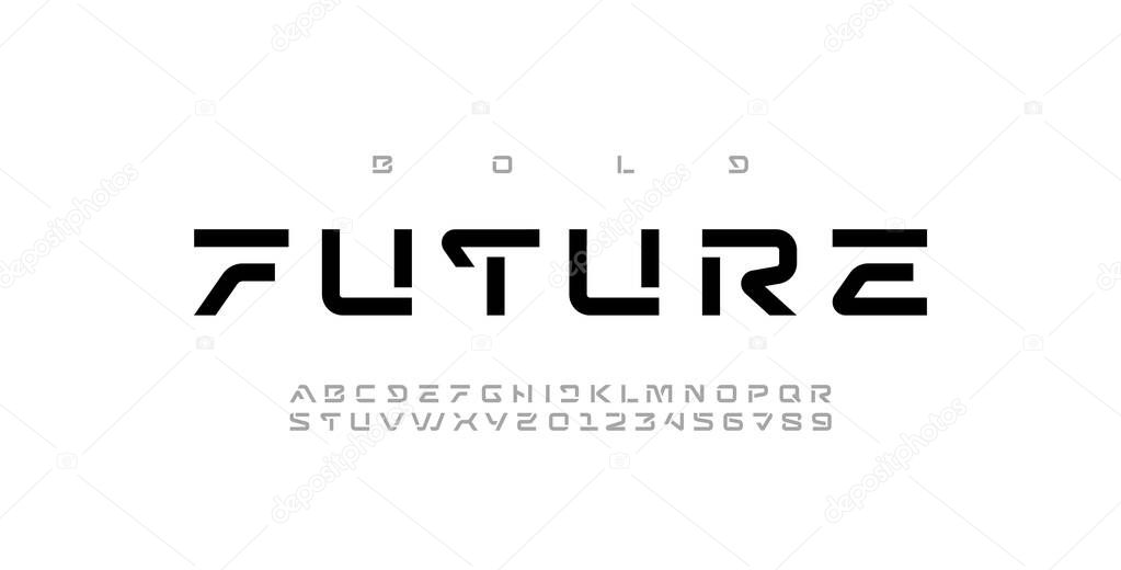 Tech font, digital alphabet, thin Latin letters A, B, C, D, E, F, G, H, I, J, K, L, M, N, O, P, Q, R, S, T, U, V, W, X, Y, Z and Arab numerals 0, 1, 2, 3, 4, 5, 6, 7, 8, 9 made in design cyber future