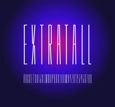 Yoğunlaştırılmış beyaz yazı tipi, ultra uzun alfabe, yüksek harfler ve sayılar, vektör illüstrasyonu 10EPS