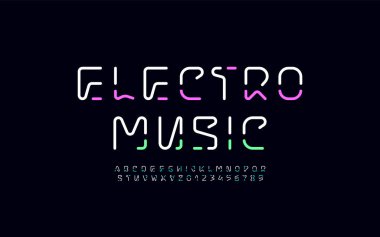 Teknik çok renkli yazı tipi, dijital alfabe, A 'dan Z' ye büyük harfler ve 0 'dan 9' a Arap rakamları, vektör illüstrasyonu 10EPS