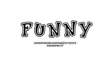 Neşeli alfabe, çocuk yazı tipi çizgi film stili, komik siyah büyük harf Latin harfler ve Arap rakamları, vektör illüstrasyonu 10EPS