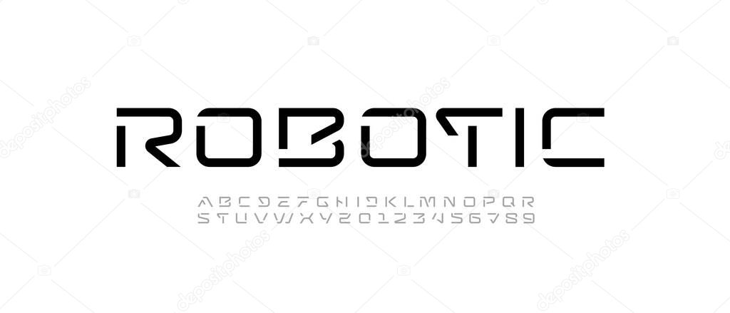 Tech font, digital alphabet, thin Latin letters A, B, C, D, E, F, G, H, I, J, K, L, M, N, O, P, Q, R, S, T, U, V, W, X, Y, Z and Arab numerals 0, 1, 2, 3, 4, 5, 6, 7, 8, 9, vector illustration 10EPS