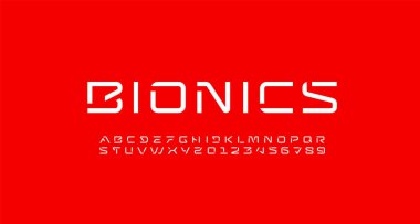 Teknoloji yazı tipi, dijital alfabe, A-Z harfleri ve 0-9 rakamları siber gelecekte tasarlandı, vektör illüstrasyonu 10EPS