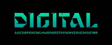 Hi tech tekno alfabe yazı tipi, gelecekteki uzay tasarım logonuz veya marka adınız veya oyununuz için, kırpılmış harfler ve numaralar, vektör illüstrasyonu 10EPS