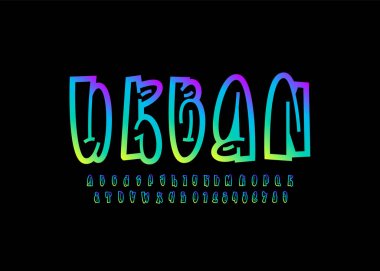 Graffiti uzun yazı tipi, sokak sanatı tarzında parlak alfabe, küçük harfler ve sayılar, vektör illüstrasyonu 10EPS