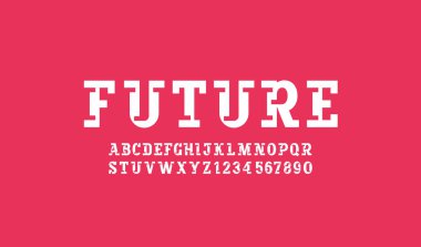 Slap serif yazı tipi alfabesi, A-Z harflerinden kesme ve 0-9, vektör illüstrasyonu 10EPS