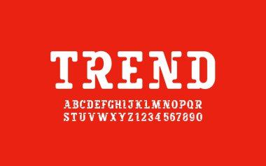 Slap serif yazı tipi yuvarlak alfabe, blok beyaz harfler A-Z ve sayılar 0-9, vektör illüstrasyon 10EPS