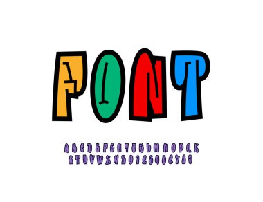 Graffiti uzunluğunda karikatür yazı tipi, komik tarzda alfabe, küçük harf ve sayılar, vektör illüstrasyonu 10EPS