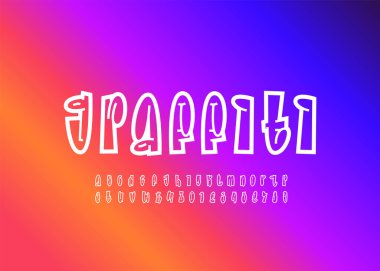 Graffiti uzun yazı tipi, sokak sanatı tarzında beyaz çizgi alfabesi, küçük harfler ve sayılar, vektör illüstrasyonu 10EPS