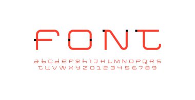 Teknik olarak geniş, ince gelecek yazı tipi, dijital siber alfabe, A 'dan Z' ye moda harfler ve arayüz tasarımı için 0 'dan 9' a rakamlar, vektör illüstrasyonu 10EPS