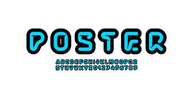 Teknik yazı tipi, siber alfabe, A 'dan Z' ye büyük harfler ve 0 'dan 9' a Arap rakamları. Posterler, 10EPS vektör çizimi.