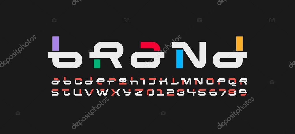 Technical font, digital alphabet, cyber letters from A to Z and numbers from 0 to 9 made in cyber future design, vector illustration 10EPS