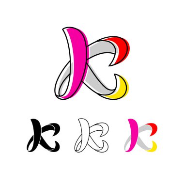 Renkli kıvrımlı harf K, el yazısı alfabesi, el yazısı yazı tipi, beyaz arkaplanda izole edilmiş vektör el çizimi yazı karakteri.