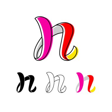 Renkli kıvrımlı harf N, el yazısı alfabesi, el yazısı yazı tipi, beyaz arkaplanda izole edilmiş vektör el çizimi yazı karakteri.