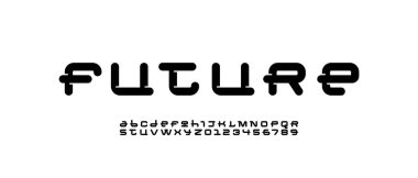 Teknik olarak geniş yazı tipi, dijital siber alfabe, yuvarlak harfler A, B, C, D, E, F, G, H, I, J, K, L, M, N, O, P, Q, R, S, T, V, W, X, Y, Z ve sayılar 0, 1, 2, 3, 4, 5, 6, 7, 8, 9, 9