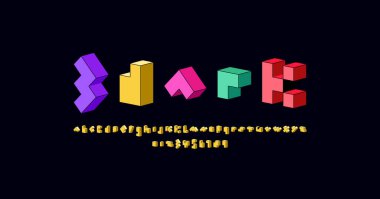 3d Pixel yazı tipi, renkli tarzda yapılmış alfabe, harf ve sayılar, vektör illüstrasyonu 10eps