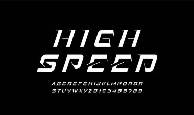 Teknik gelecek yazı tipi, dijital siber alfabe, A 'dan Z' ye italik beyaz harfler ve arayüz tasarımı için 0 'dan 9' a rakamlar, vektör illüstrasyonu 10EPS