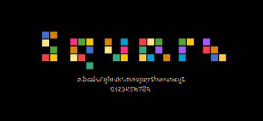 Mozaik yazı tipi, çok renkli alfabe, harf ve numaralar fayans biçimi, vektör illüstrasyonu 10eps