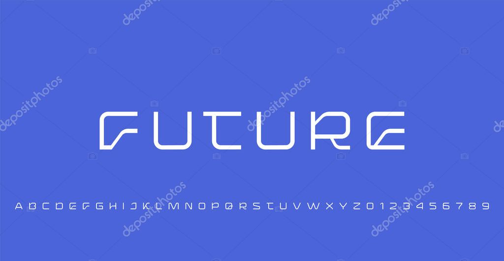 Technical future font, digital cyber alphabet, trendy uppercase letters A, B, C, D, E, F, G, H, I, J, K, L, M, N, O, P, Q, R, S, T, U, V, W, X, Y, Z and numerals 0, 1, 2, 3, 4, 5, 6, 7, 8, 9