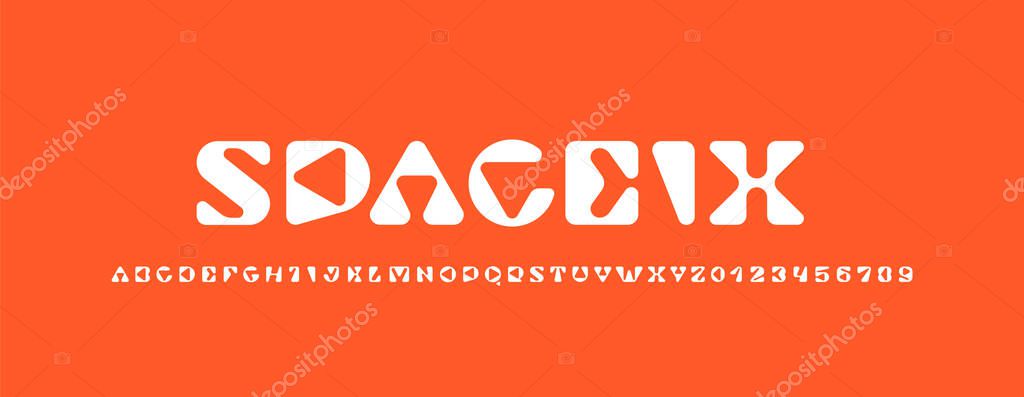 Gaming futuristic font tech alphabet made game console style, childish letters and numbers, vector illustration 10EPS