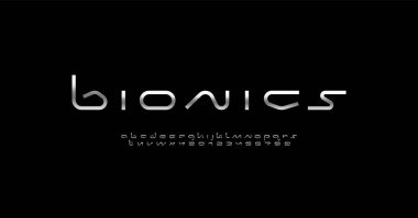 Teknik geniş gelecek krom yazı tipi, dijital siber alfabe, A 'dan Z' ye gümüş harfler ve 0 'dan 9' a rakamlar, vektör illüstrasyonu 10EPS