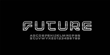 Teknik yazı tipi, krom alfabesi, gümüş büyük harfler A, B, C, D, E, F, G, H, I, J, K, L, M, N, O, P, Q, R, S, T, V, W, Y, Y, Z ve rakamlar 0, 1, 2, 3, 4, 5, 6, 7, 8, 9 dış hatlar biçimi