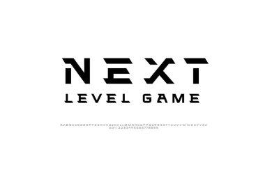 Teknolojik kalın yazı tipi, dijital siber alfabe, A, B, C, D, E, F, G, H, I, J, K, L, M, N, O, P, Q, R, S, T, U, V, W, X, Y, Z ve sayılar 0, 1, 2, 3, 4, 5, 6, 7, 8, 9, vektör çizimi