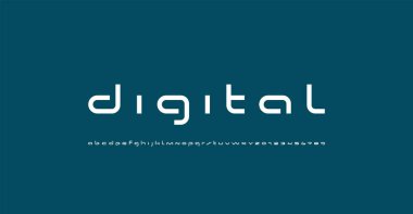 Teknik olarak geniş gelecek yazı tipi, dijital siber alfabe, A 'dan Z' ye modaya uygun kalın harfler ve 0 'dan 9' a rakamlar, vektör illüstrasyon 10EPS