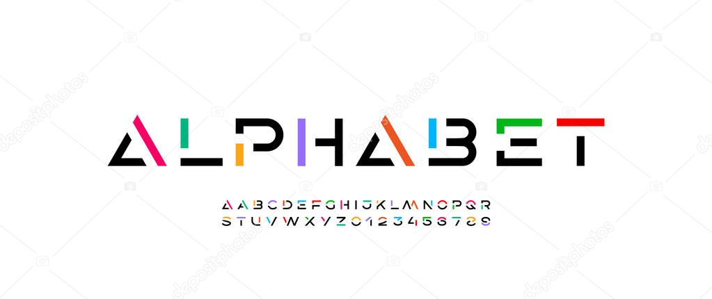 Technology font, digital cyber alphabet made multi-colored style, letters A, B, C, D, E, F, G, H, I, J, K, L, M, N, O, P, Q, R, S, T, U, V, W, X, Y, Z and numerals 0, 1, 2, 3, 4, 5, 6, 7, 8, 9