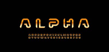 Teknoloji yazı tipi altın alfabesi, A, B, C, D, E, F, G, H, I, J, K, L, M, N, O, P, Q, R, S, T, U, V, W, X, Y, Z ve sayılar 0, 1, 2, 3, 4, 5, 6, 7, 8, 9