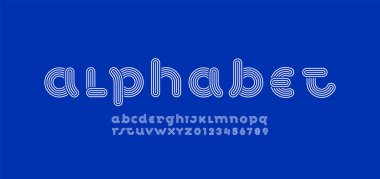Alfabe çizgili yazı tipi, A, B, C, D, E, F, G, H, I, J, K, L, M, N, O, P, Q, R, S, T, U, V, W, X, Y, Z ve sayılar 0, 1, 2, 3, 4, 5, 6, 7, 8, 9, vektör çizimi 10EPS