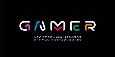 Çok renkli segment çizgisinden modern font alfabesi, asgari teknoloji tarzı harfler, ve sayılar, vektör illüstrasyonu 10EPS