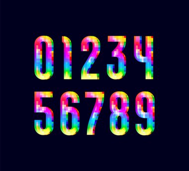 Renkli pikselin mozaik yazı tipi, modaya uygun parlak modern renkli sayılar 0, 1, 2, 3, 4, 5, 6, 7, 8, 9, vektör illüstrasyonu 10eps.