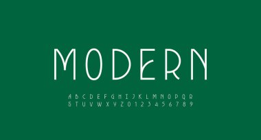 Modern yazı tipi ince alfabe, A 'dan Z' ye büyük harf ve 0 'dan 9' a rakamlar, vektör illüstrasyon 10EPS.