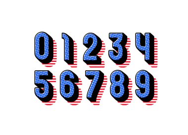 Yıldız tarzında 3 boyutlu sayılar, 0 'dan 9' a kadar çizgili kırmızı siluet, 10EPS vektör illüstrasyonu