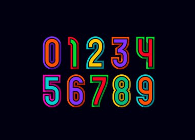 Çocuk numaraları parlak çizgi film tarzında ayarlanmış, çok renkli rakamlar 0 'dan 9' a kadar çocuk sanatı tarzında gölgeli, 10EPS vektör illüstrasyonlu.