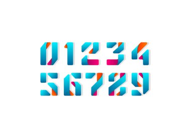 Yuvarlak kağıt şeritten katlanmış renkli sayılar, 0 ile 9 arasında parlak çizgi film tarzında yapılmış çok renkli sayılar, vektör illüstrasyonu 10EPS