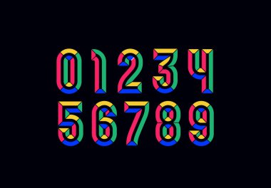 3B facet numaraları ayarlandı, 0 ile 9 arasında parlak oymalı bloklar halinde yapılmış eğimli sayılar, 10EPS vektör illüstrasyonu