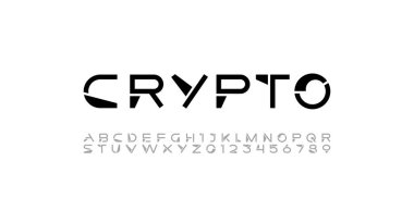 Yazı tipi dijital siber alfabe, A, B, C, D, E, F, G, H, I, J, K, L, M, N, O, P, Q, R, S, T, U, V, W, X, Y, Z ve gelecekteki sayılar 0, 1, 2, 3, 4, 5, 6, 7, 8, 9, vektör ilülasyonu