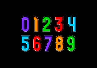 Çocuklar parlak çizgi film numaraları seti, çok renkli sayılar 0, 1, 2, 3, 4, 5, 6, 7, 8, 9 çocuk sanatları tarzında