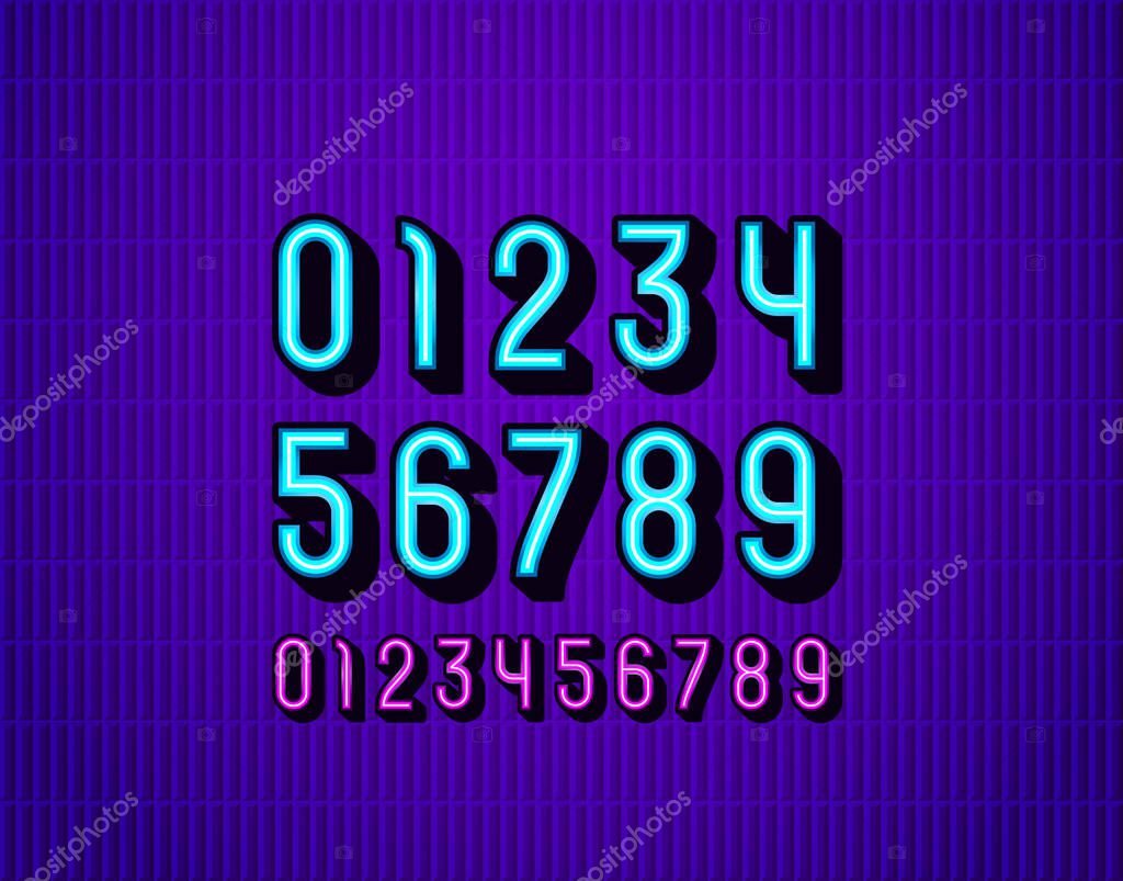 Neon 3d numbers, numerals made in bright style, vector illustration 10EPS