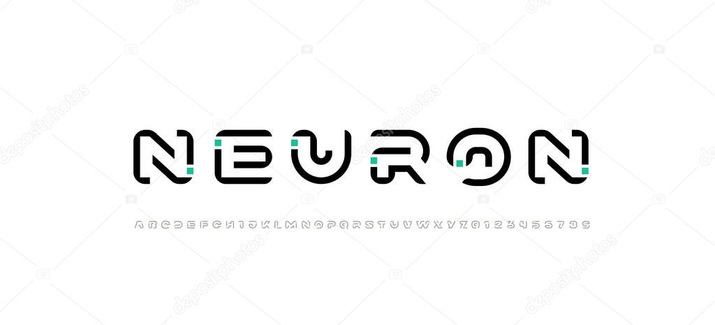 Technology font, digital cyber alphabet made future space style, letters A, B, C, D, E, F, G, H, I, J, K, L, M, N, O, P, Q, R, S, T, U, V, W, X, Y, Z, numerals 0, 1, 2, 3, 4, 5, 6, 7, 8, 9 made line